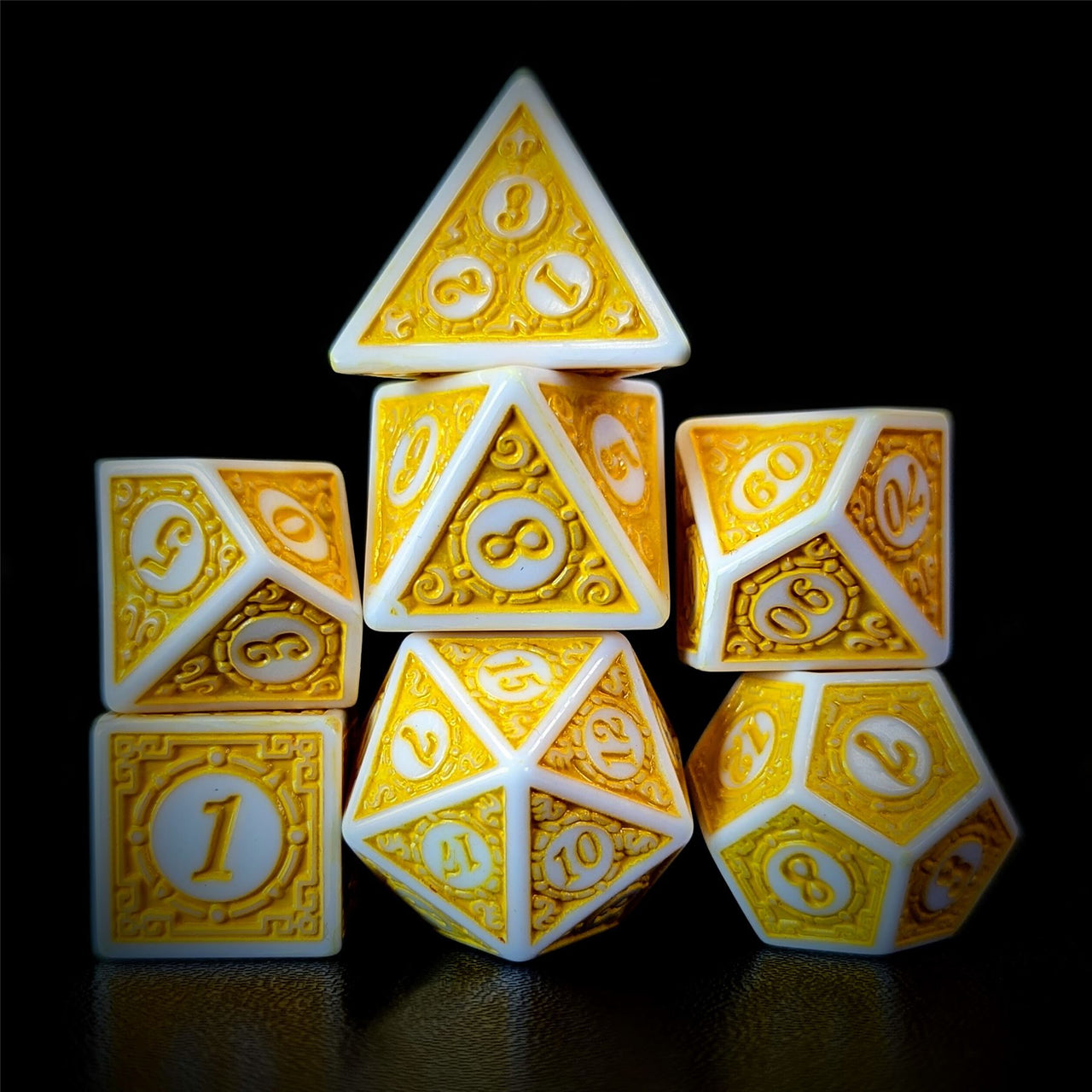 Yellow Lattice on White Acrylic - 7pcs RPG Full Dice Set Dark Stack