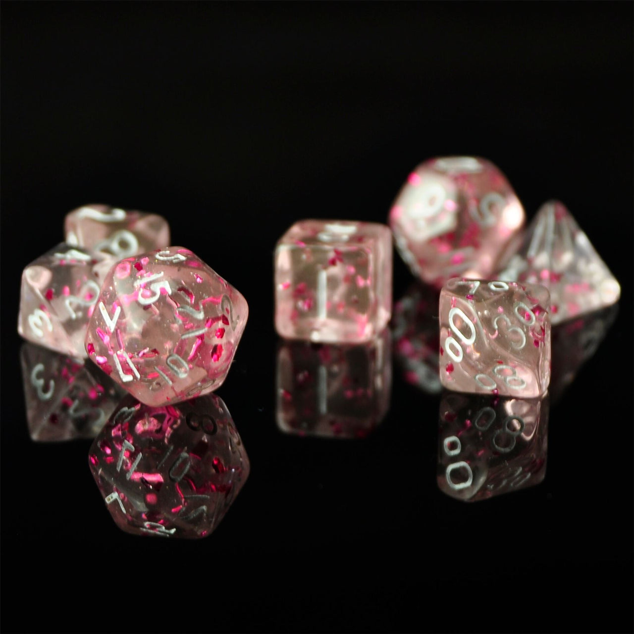 Glitter in Clear & Pink Acrylic - 7pcs RPG Mini Dice Set