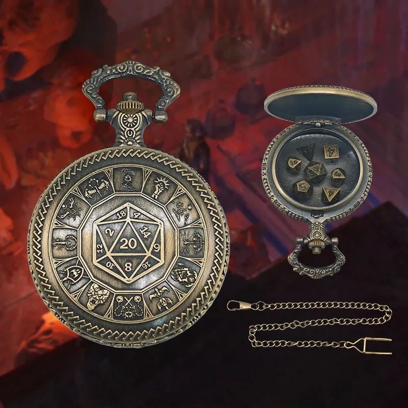 D20 on Bronze Pocket Watch with Mini Dice - Pendant