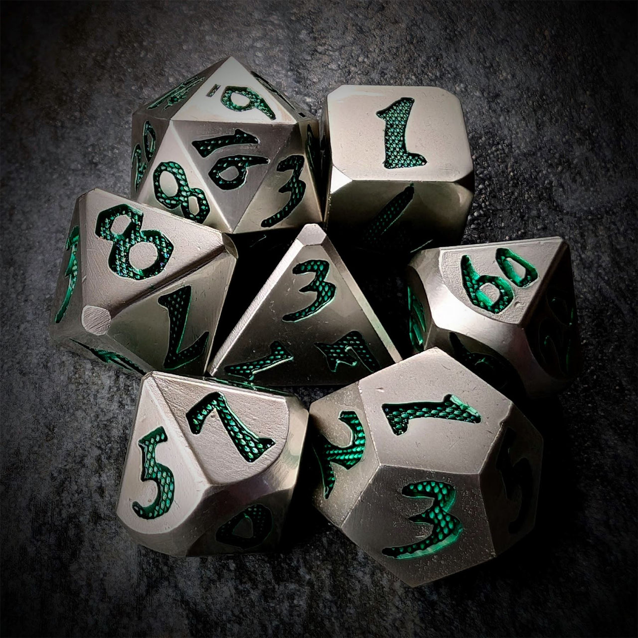 Green Font in Silver Metal - 7pcs RPG Dice Set