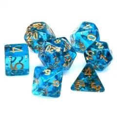 Gold Foil in Clear & Blue Resin - 7pcs RPG Full Dice Set