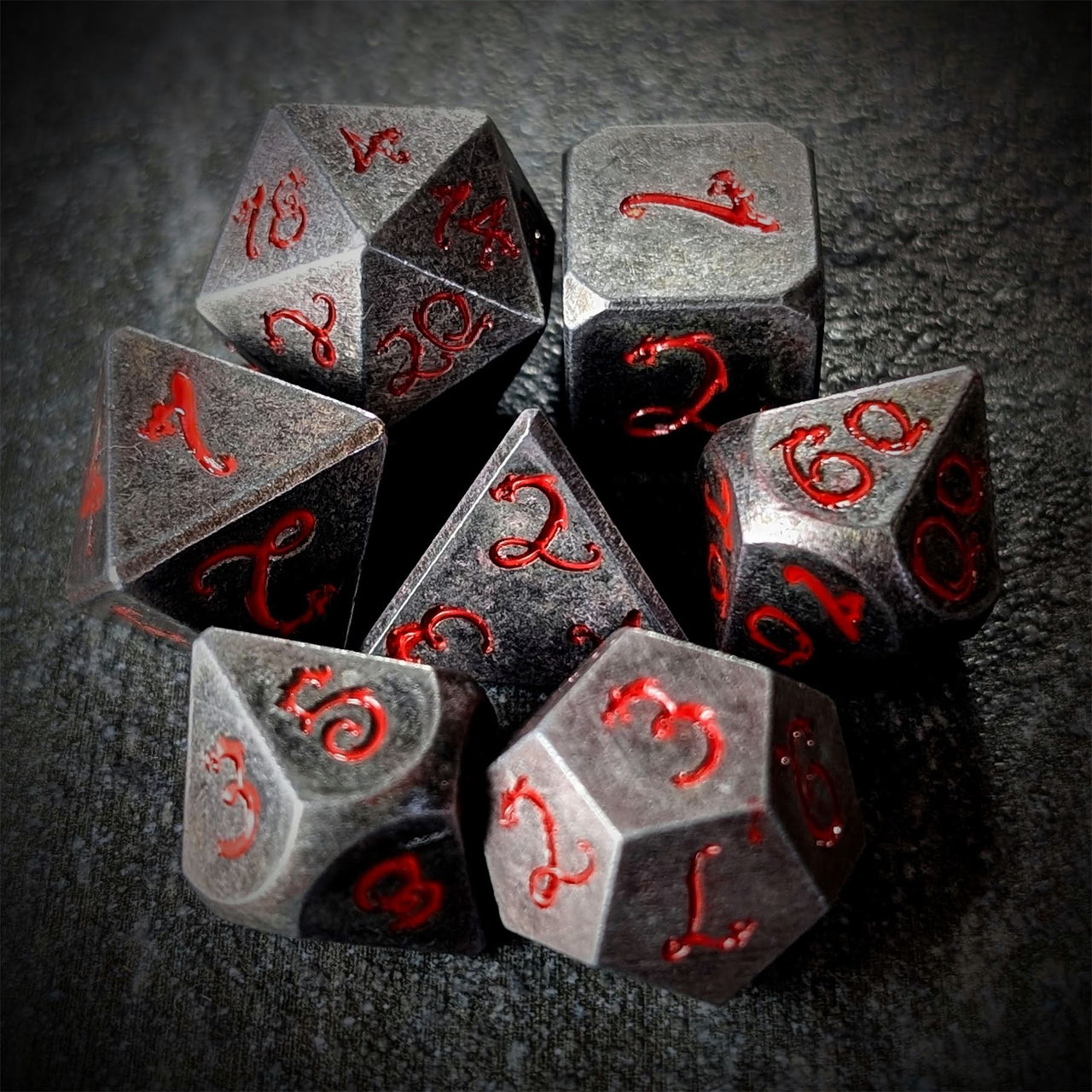 Silver Metal with Red Dragon Font - 7pcs RPG Dice Set