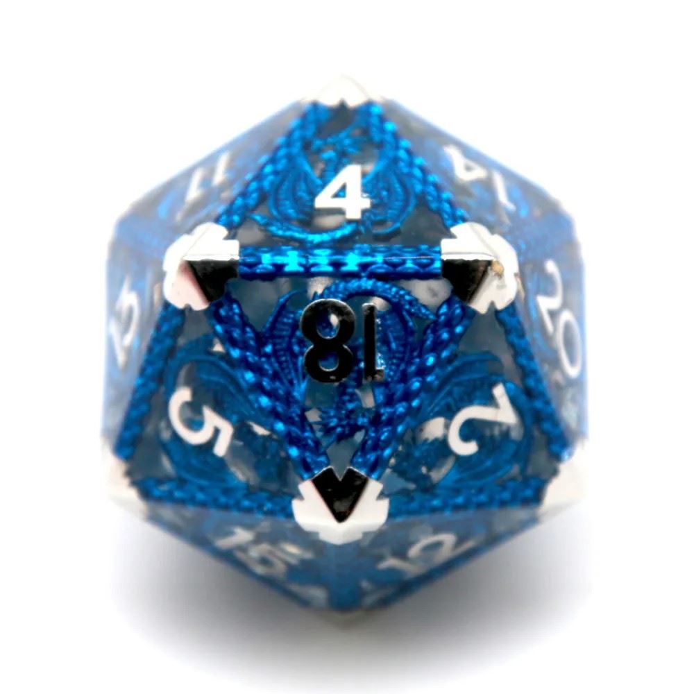 Dragon Scales on Blue Metal & Resin  - 39mm D20 RPG Dice