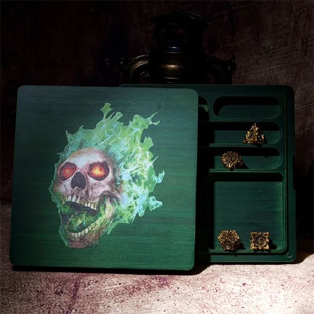 Green Skull on Bamboo Wood - Magnetic Dice Storage