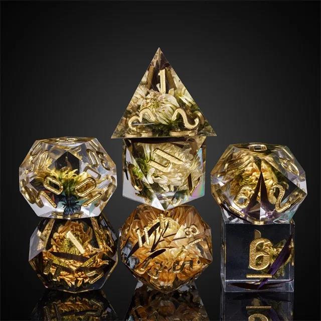 Yellow Flower in Clear Filled Sharp Resin - 7pcs RPG Dice Set