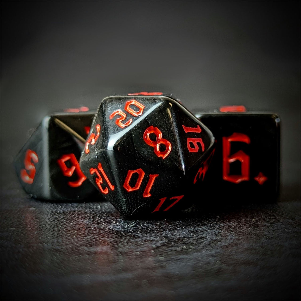 Red on Solid Black Acrylic - 7pcs RPG Full Dice Set Close