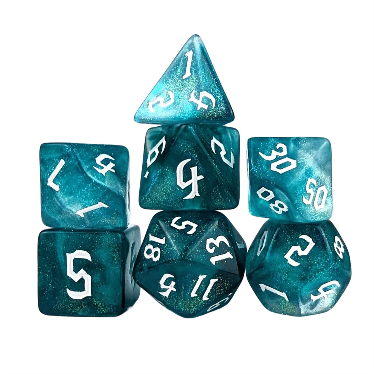 Glitter in Blue & Green Acrylic - 7pcs RPG Full Dice Set White Stack