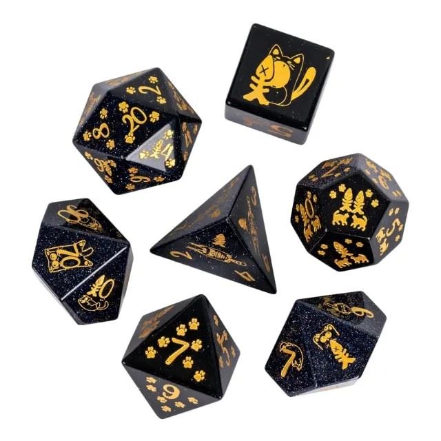 Cats on Blue Goldstone Gemstone - 7pcs RPG Dice Set