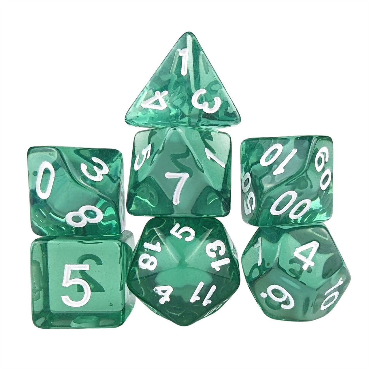 Clear Green Acrylic - 7pcs RPG Full Dice Set White Stack