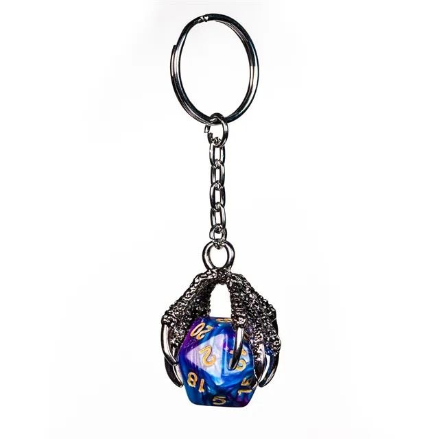 Blue & Purple Acrylic in  Silver Metal Claw - D20 Keyring