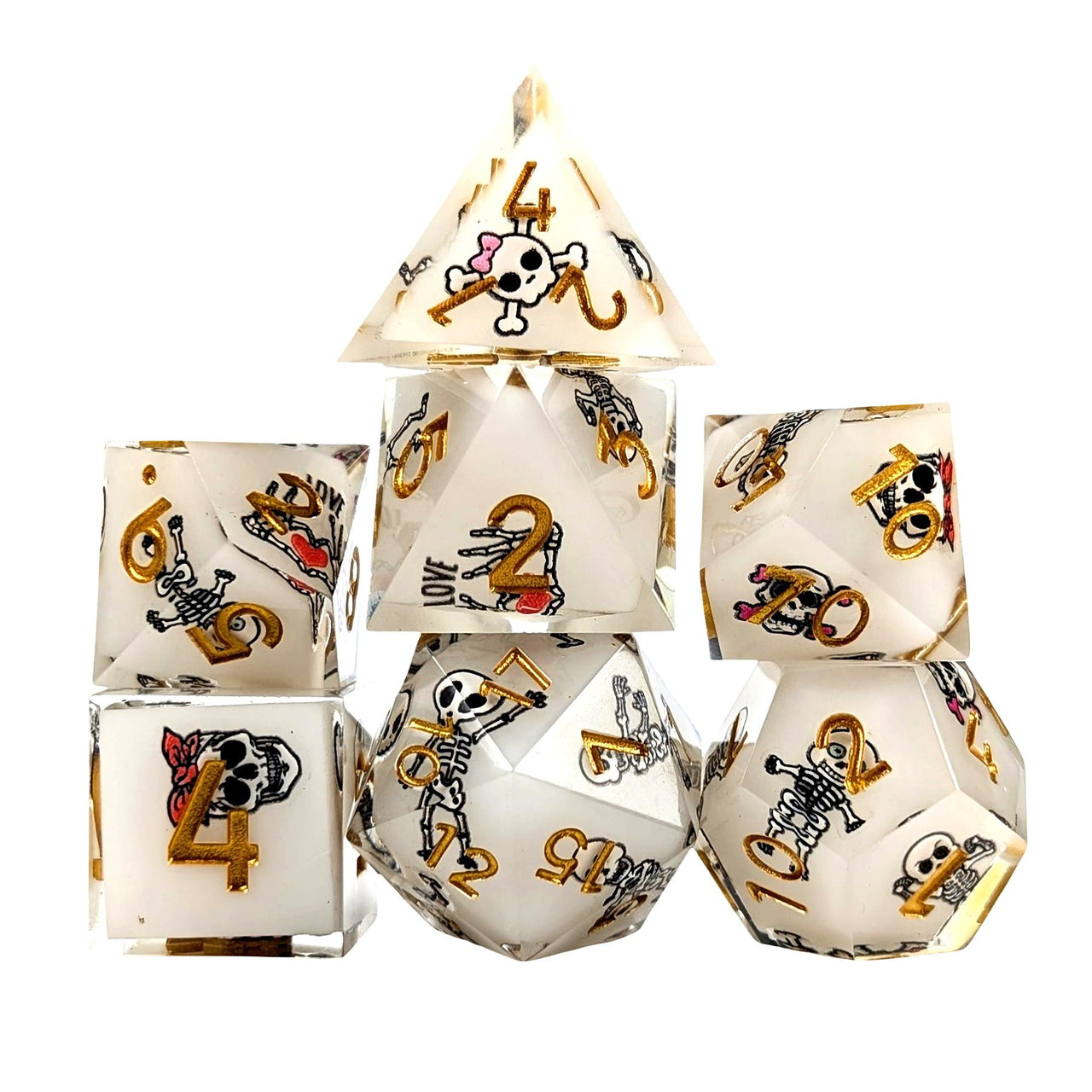 7pcs Dice Sharp Filled Skeleton Gold Font White