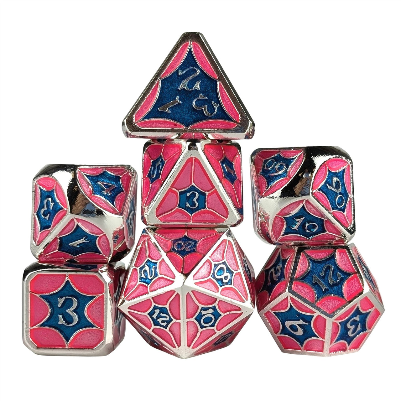 Pink & Blue Spider's Web in Silver Metal - 7pcs RPG Dice Set