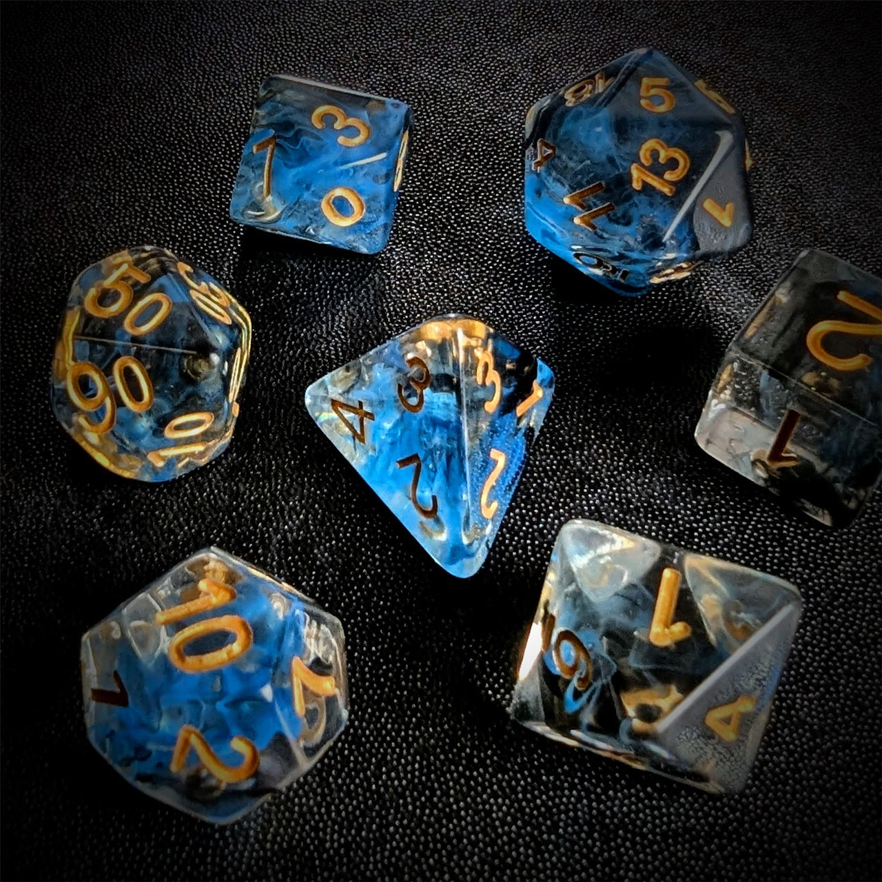 Blue & Black Swirl in Clear Resin - 7pcs RPG Full Dice Set