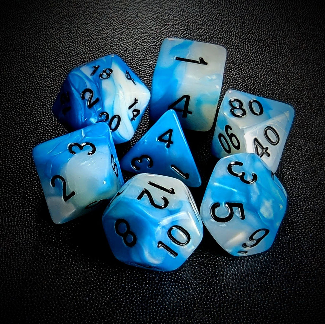 Blend of White & Blue Acrylic - 7pcs RPG Full Dice Set Top