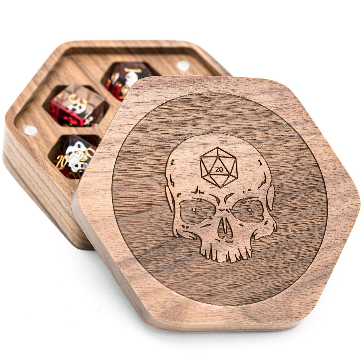 Skull on Walnut Wood with 7 Slots -  Magnetic Dice Storage