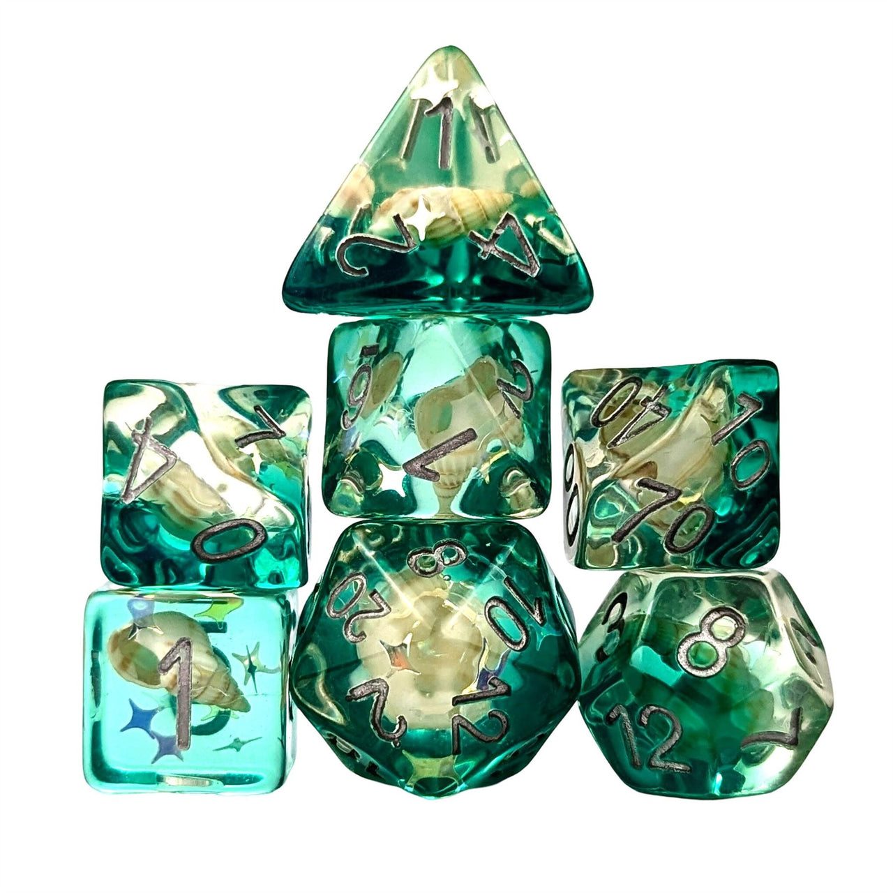 Shell in Clear & Teal Resin - 7pcs RPG Full Dice Set