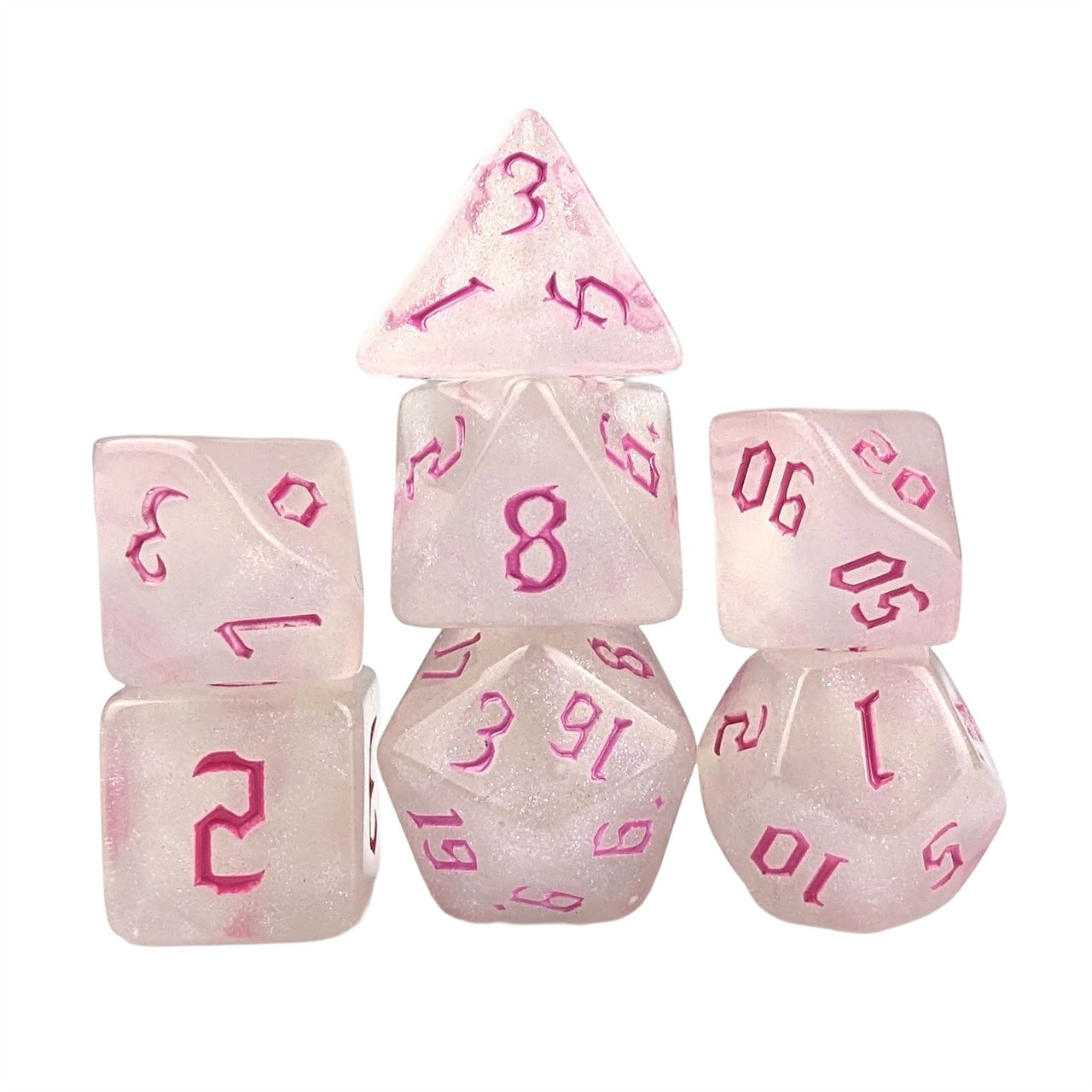 Glitter in White Acrylic with Pink Font - 7pcs RPG Full Dice Set White Stack