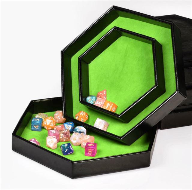 Green Velvet & Black PU Leather - Hexagon Lid Dice Tray