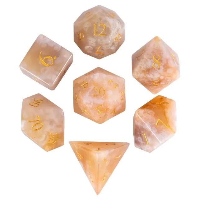 7pcs Dice Gem Stone Agate Gold Font White