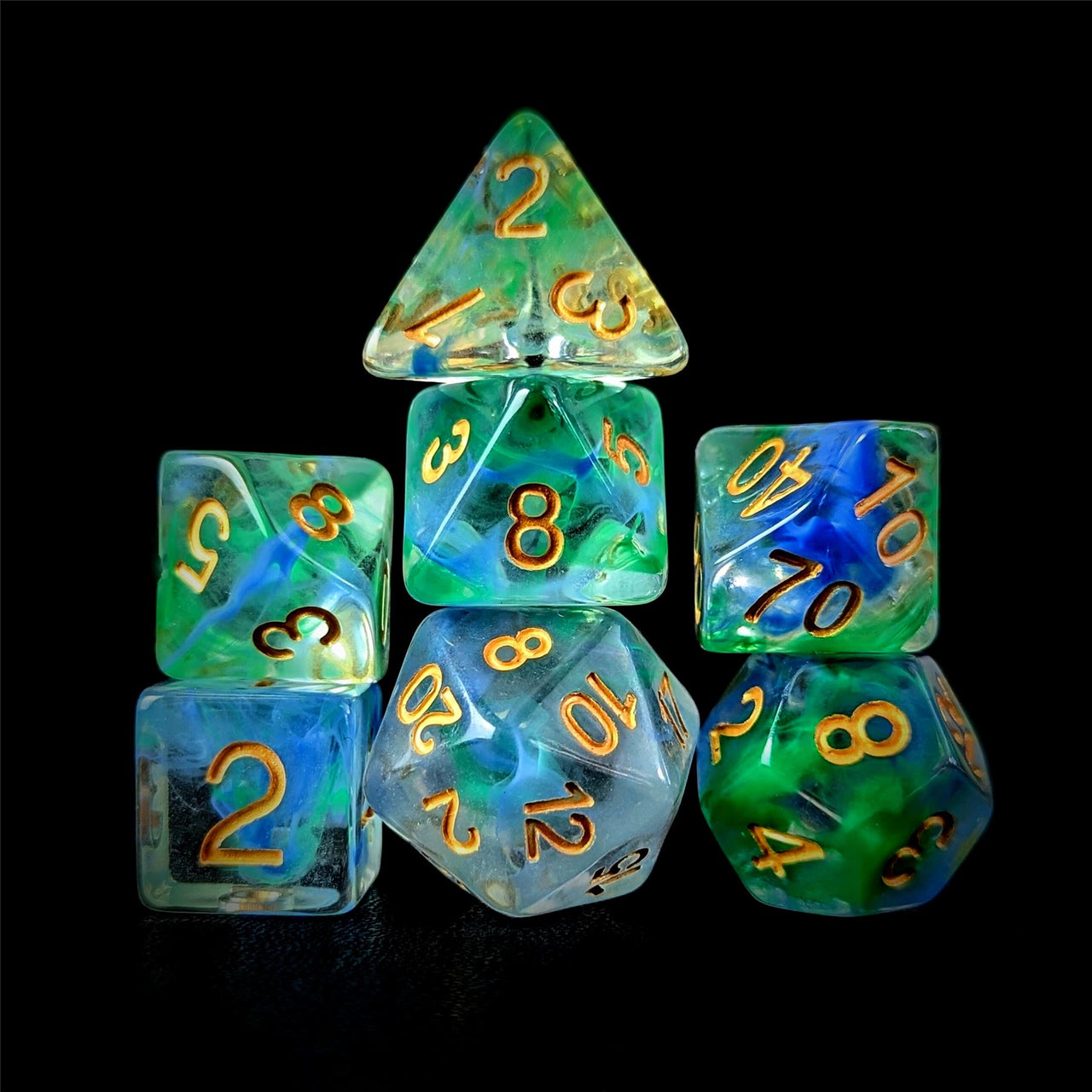 Blue & Green Swirl in Clear Resin - 7pcs RPG Full Dice Set