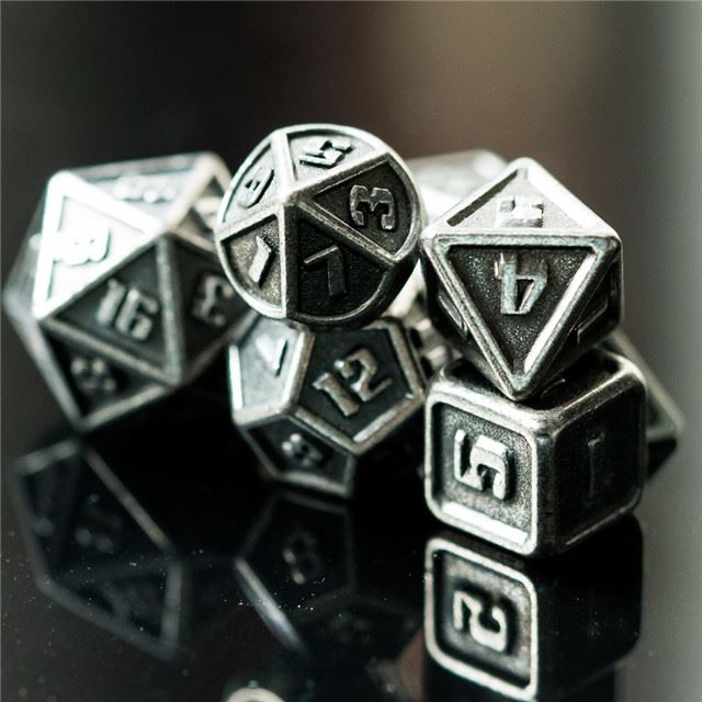 7pcs RPG Dice Set - Miniature Silver Metal