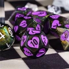 7pcs Dice Resin Pattern Hearts Purple Font Black