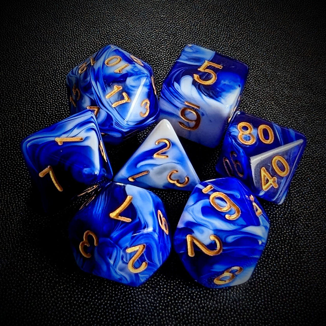 Blend of White & Royal Blue Acrylic - 7pcs RPG Full Dice Set Top