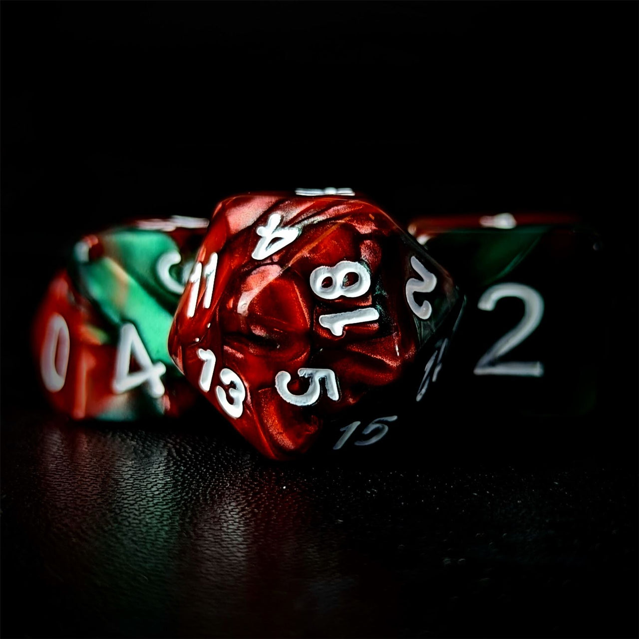 Blend of Red & Green Acrylic - 7pcs RPG Full Dice Set Close