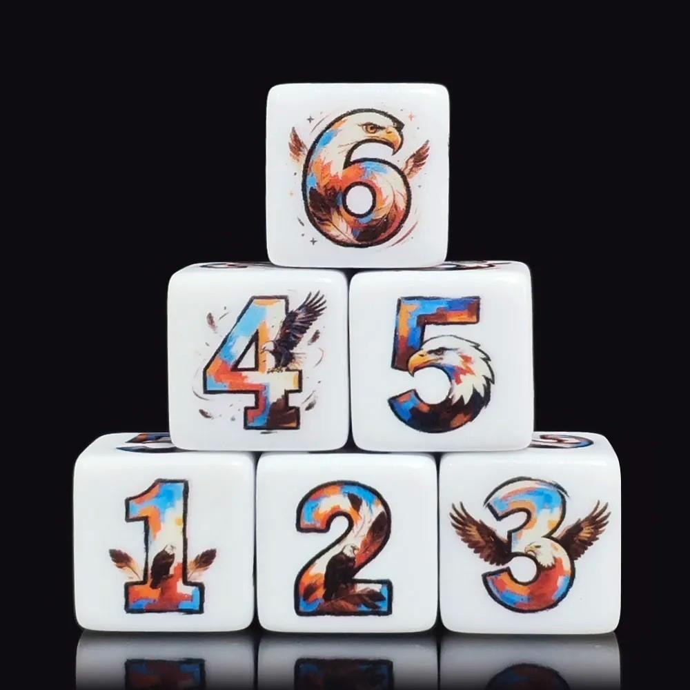 6pcs D6 16mm Dice Acrylic Printed Eagle Black Font White