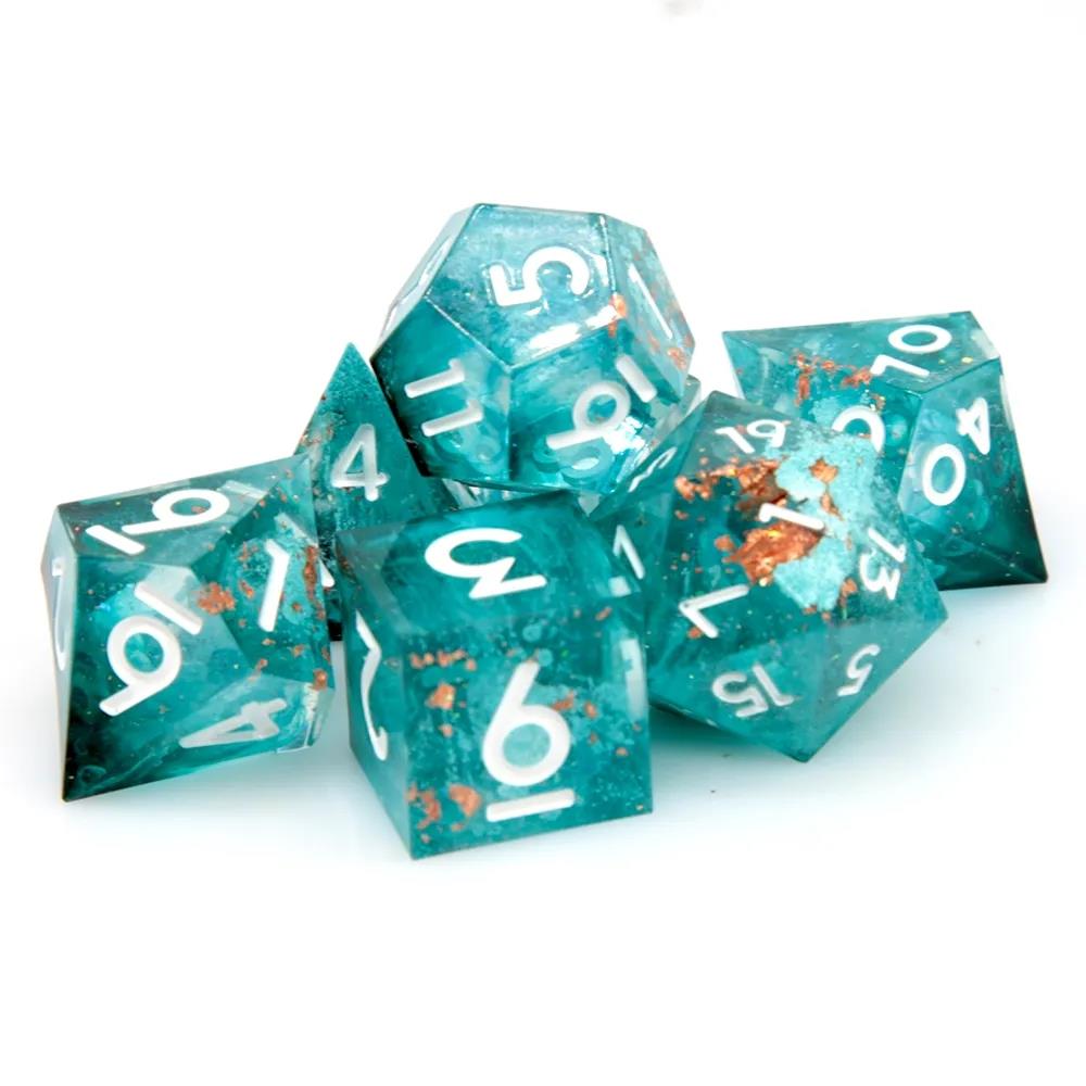 Blue Swirl in Teal with Gold Foil Sharp Resin - 7pcs RPG Dice Set