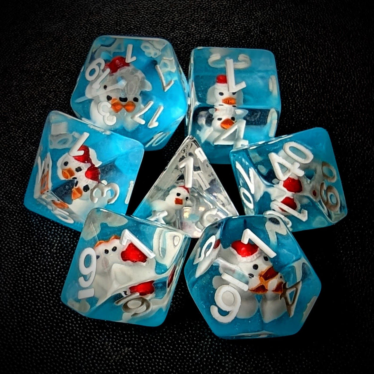 White Duck in Clear & Blue Resin - 7pcs RPG Full Dice Set