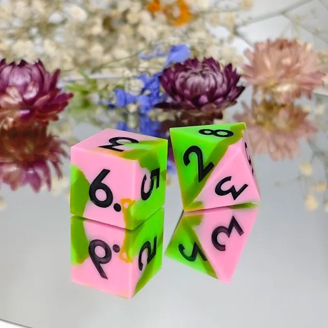 Green & Pink Layered Silicone - 7pcs RPG Full Dice Set