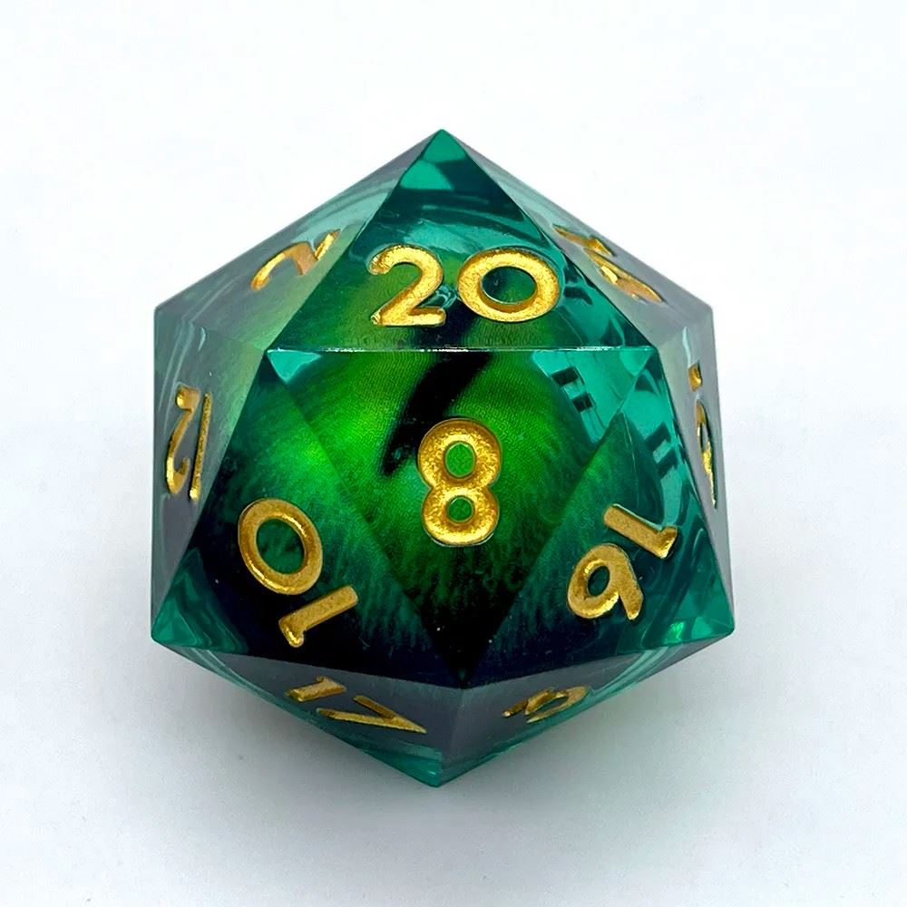 Green Lizard Eye in Green & Clear Liquid Sharp Resin - D20 RPG Dice