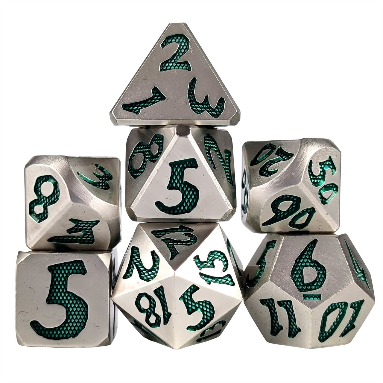 Green Font in Silver Metal - 7pcs RPG Dice Set