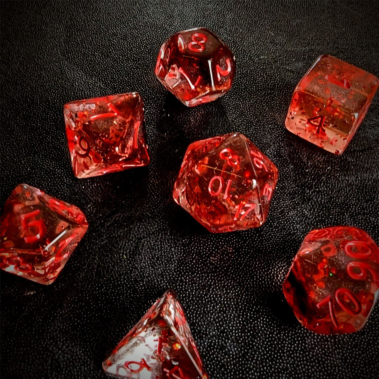 Glitter in Clear Red Acrylic - 7pcs RPG Full Dice Set Scatter