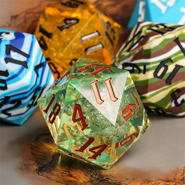 Bubbles in Clear & Green Sharp Acrylic - D20 RPG Dice