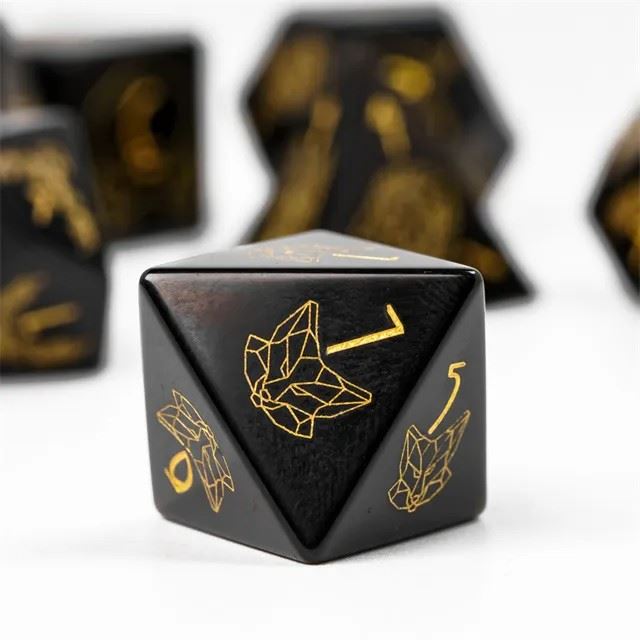 Beasts on Black Obsidian Gemstone - 7pcs RPG Dice Set