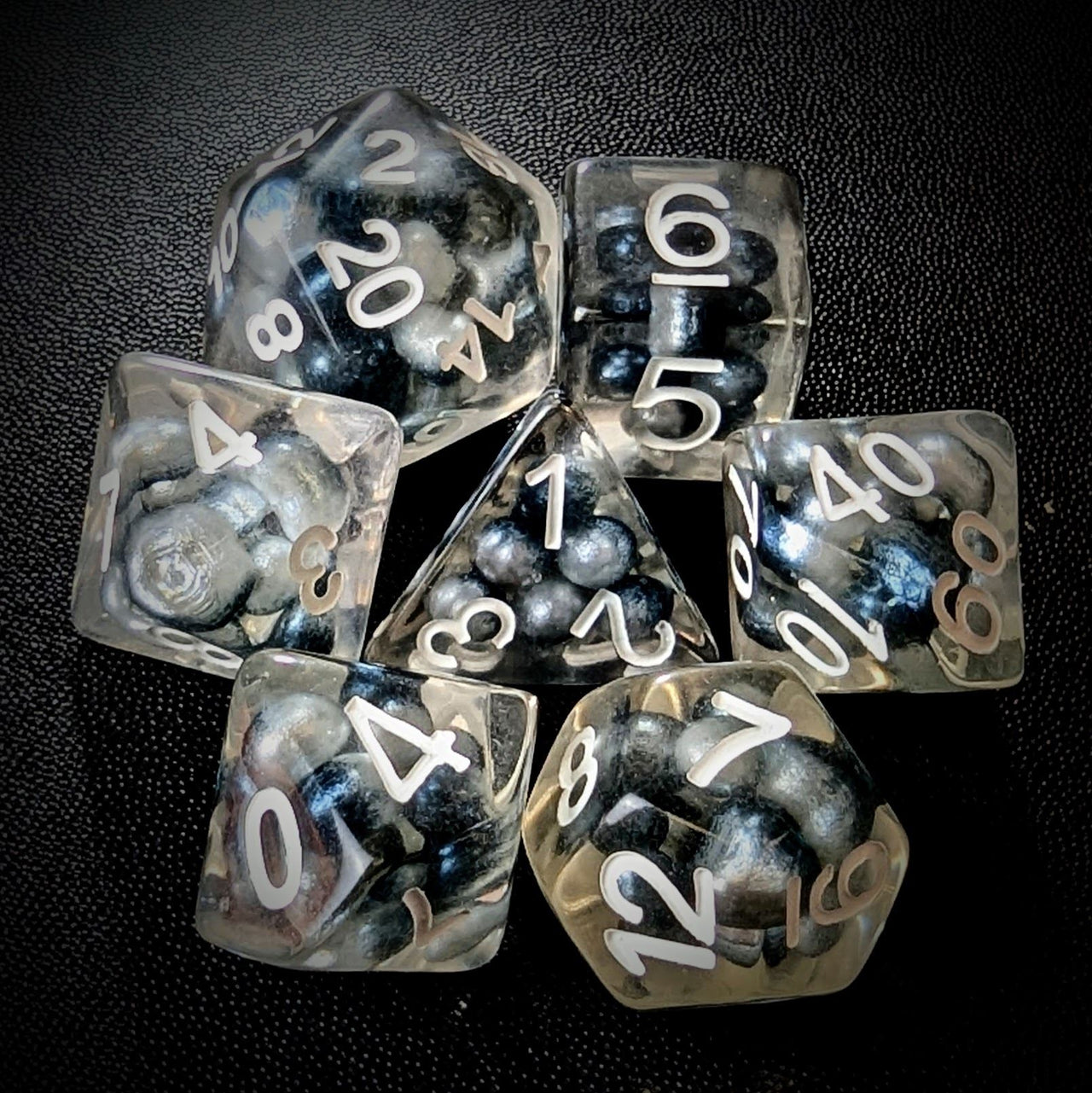 Black & Blue Pearls in Clear Resin - 7pcs RPG Full Dice Set