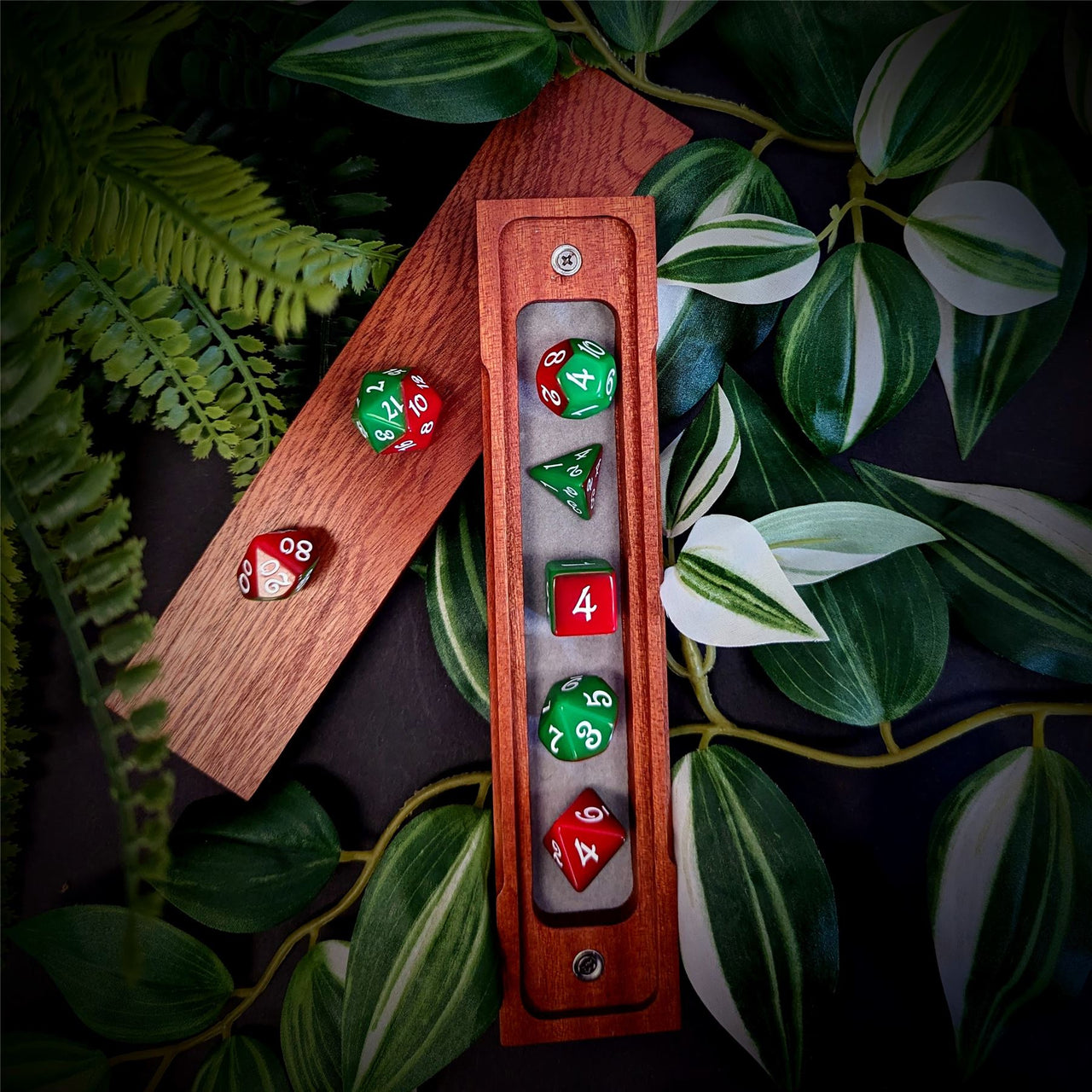 Blend of Red & Green Acrylic - 7pcs RPG Full Dice Set
