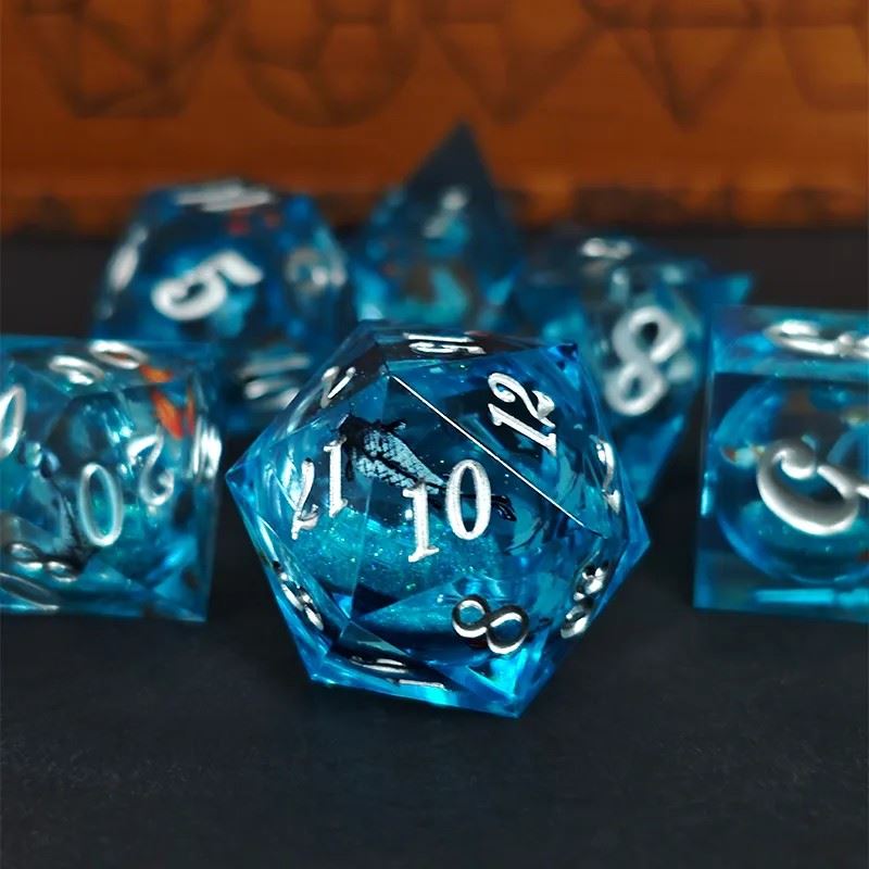 Fish Ball in Clear & Blue Filled Sharp Resin - 7pcs RPG Dice Set