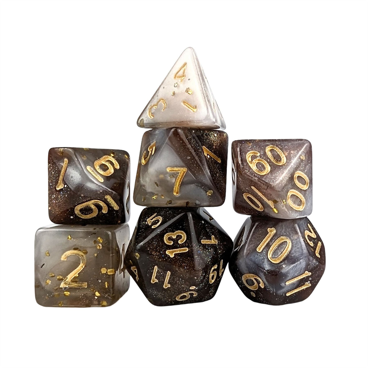 Glitter in White & Brown Acrylic - 7pcs RPG Full Dice Set White Stack