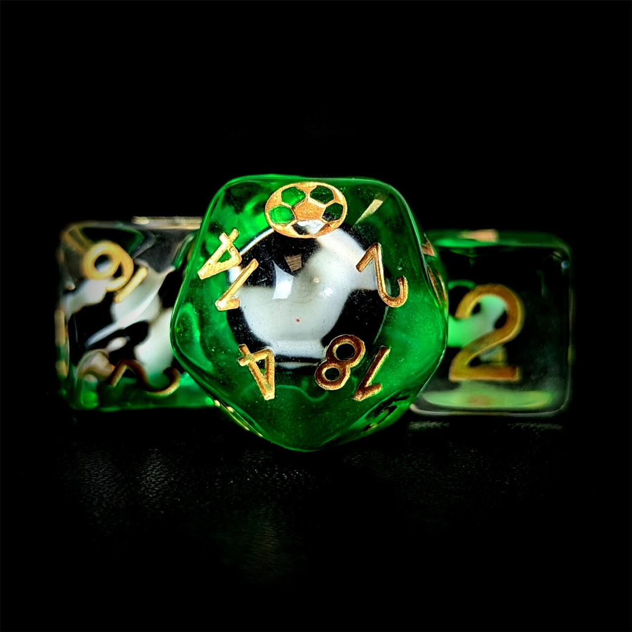 Black & White Football in Clear & Green Resin - 7pcs RPG Full Dice Set