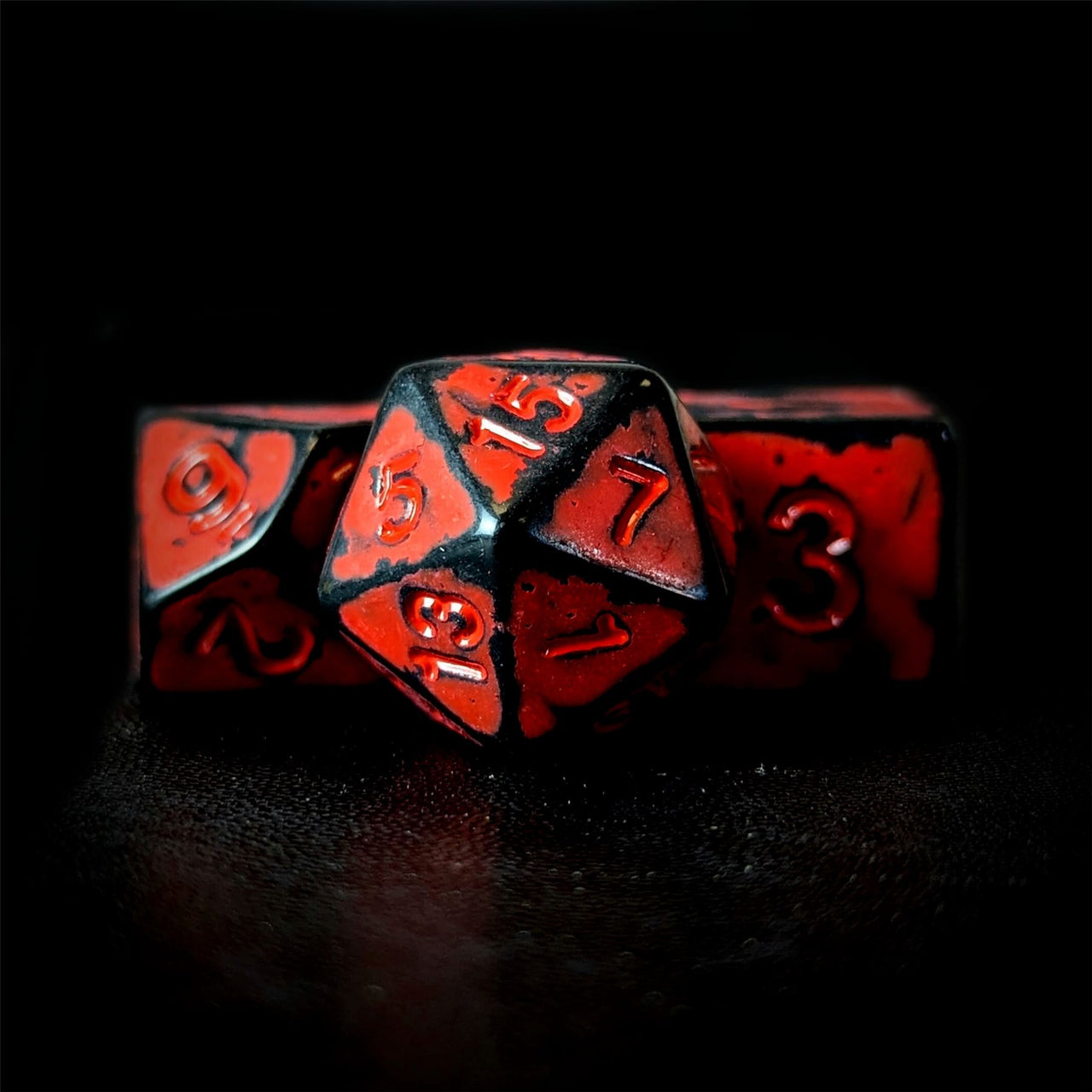 Washed Red on Black Acrylic - 7pcs RPG Full Dice Set Close