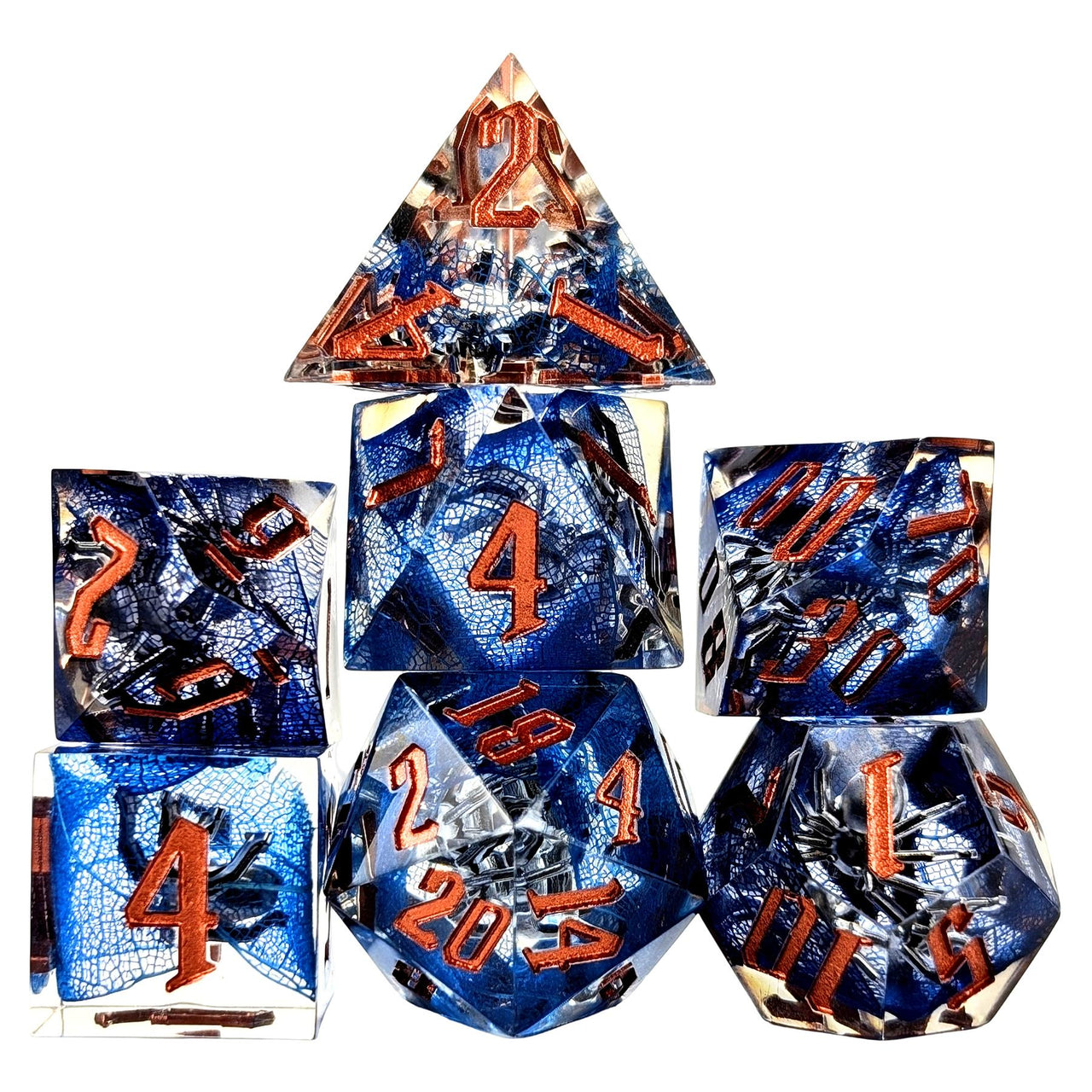 Spider in Clear & Blue Filled Sharp Resin - 7pcs RPG Dice Set