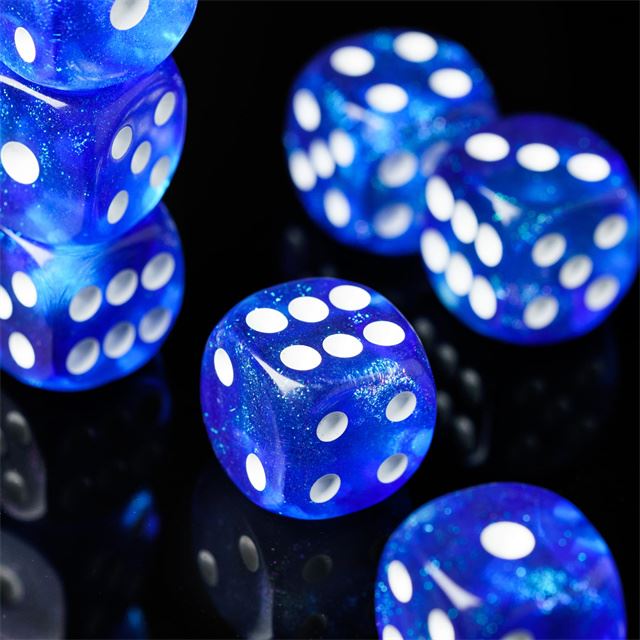 16mm Blue Acrylic with Glitter - 6pcs D6 RPG Dice Set