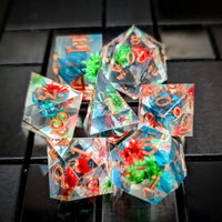 Thumbnail for Red, Blue & Green Flowers in Clear Filled Sharp Resin - 7pcs RPG Dice Set