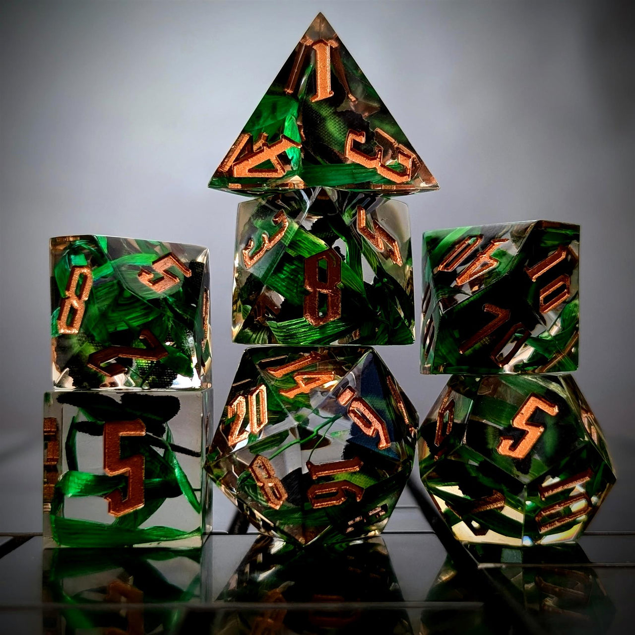 Brown Butterfly  in Clear Filled Sharp Resin - 7pcs RPG Dice Set