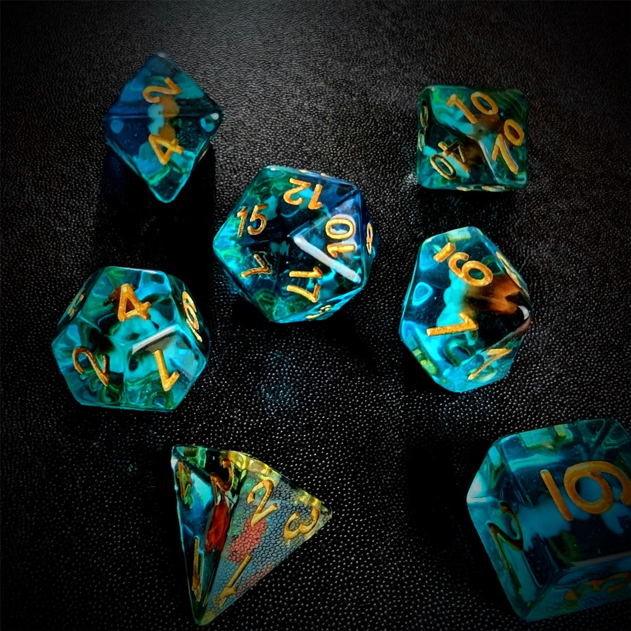 Goldfish in Clear & Blue Resin - 7pcs RPG Full Dice Set