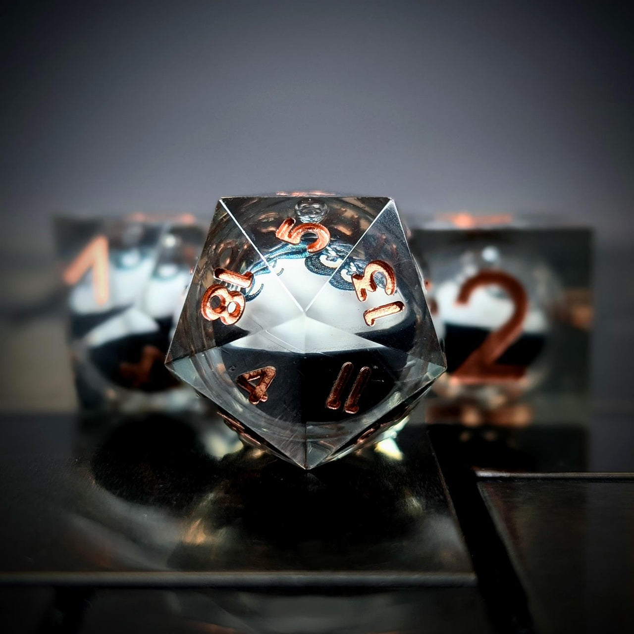 Octopus Ball in Black & Clear Filled Sharp Resin - 7pcs RPG Dice Set
