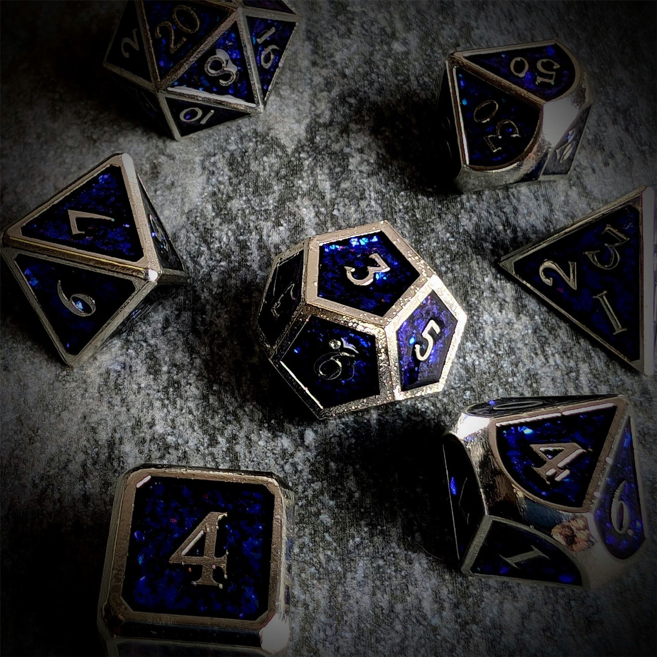 Glitter Blue Enamel in Silver Metal - 7pcs RPG Dice Set